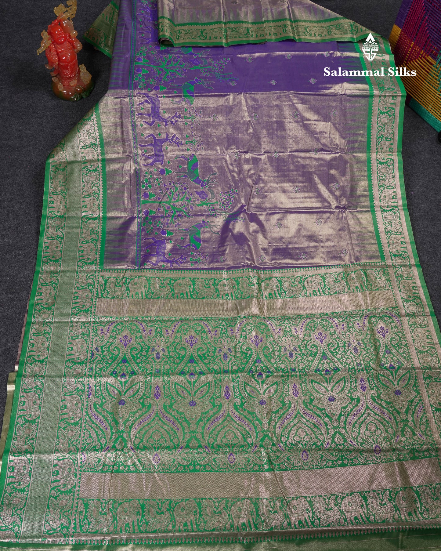 Beautiful Violet Tissue Semi Silk Saree With Contrast Green Traditional Evening Morning Temple Border