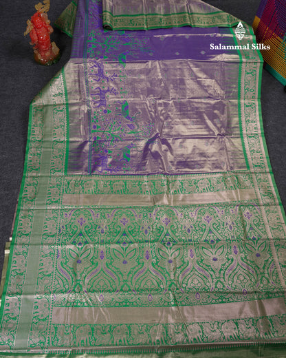 Beautiful Violet Tissue Semi Silk Saree With Contrast Green Traditional Evening Morning Temple Border