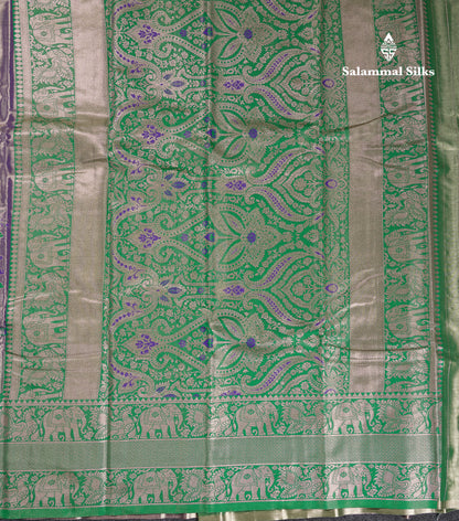 Beautiful Violet Tissue Semi Silk Saree With Contrast Green Traditional Evening Morning Temple Border