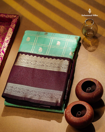 Semi Silk Saree - Onion Pink Mango Butta With Checks Along With Contrast Dark Brown Traditional Gap Border