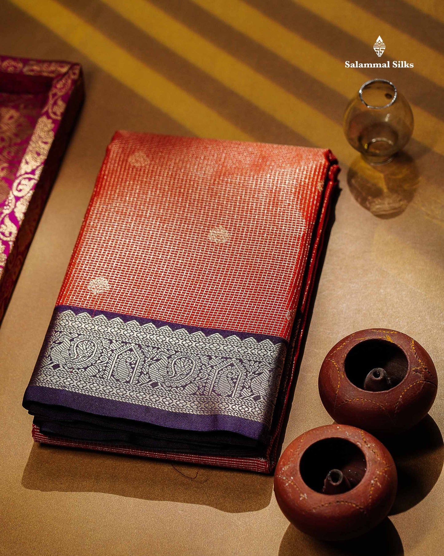 Semi Silk Saree - Snuff Brown Butta With Vaira Oosi Checks Along With Contrast Chilly Red Traditional Small Border