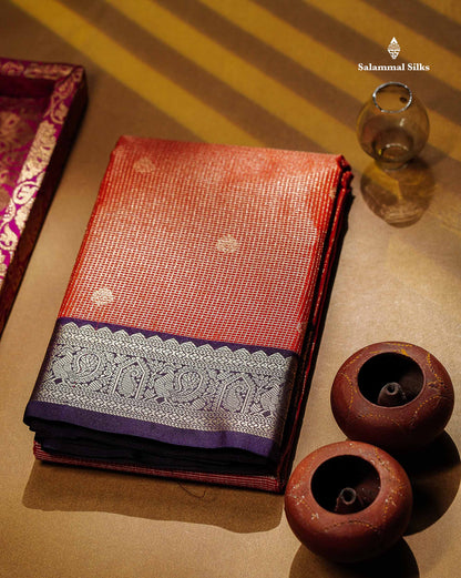 Semi Silk Saree - Snuff Brown Butta With Vaira Oosi Checks Along With Contrast Chilly Red Traditional Small Border