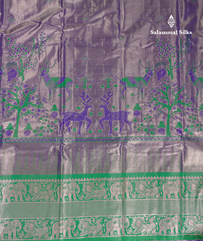 Beautiful Violet Tissue Semi Silk Saree With Contrast Green Traditional Evening Morning Temple Border