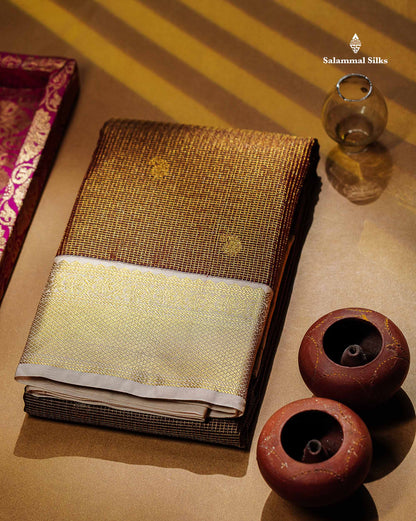 Semi Silk Saree - Brown Mango Butta With Tiny Vaira Oosi Checks Along With Contrast Cream Sandal Border