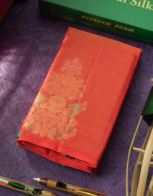 Orange Fancy Vairaoosi Pure Kanjivaram Silk Saree with Contrast Rexona Green Blouse