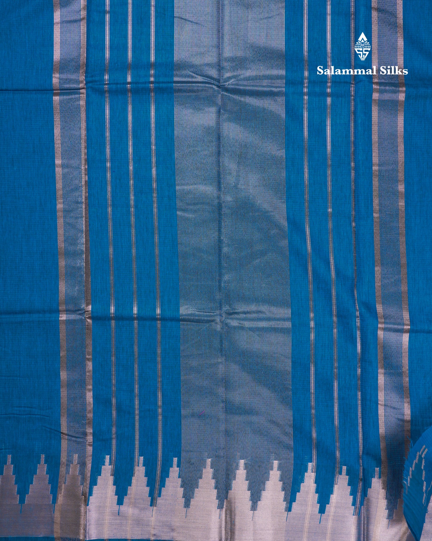 Peacock Blue Beautiful Horizontal Lines Cotton Mix Fancy Saree With Silver Zari Temple Border