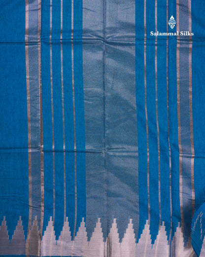 Peacock Blue Beautiful Horizontal Lines Cotton Mix Fancy Saree With Silver Zari Temple Border