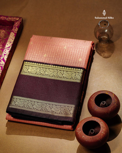 Semi Silk Saree - Mehandi Green Butta With Small Checks Along With Contrast Dark Maroon Traditional Gap Border