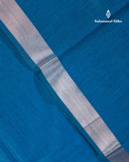 Peacock Blue Beautiful Horizontal Lines Cotton Mix Fancy Saree With Silver Zari Temple Border