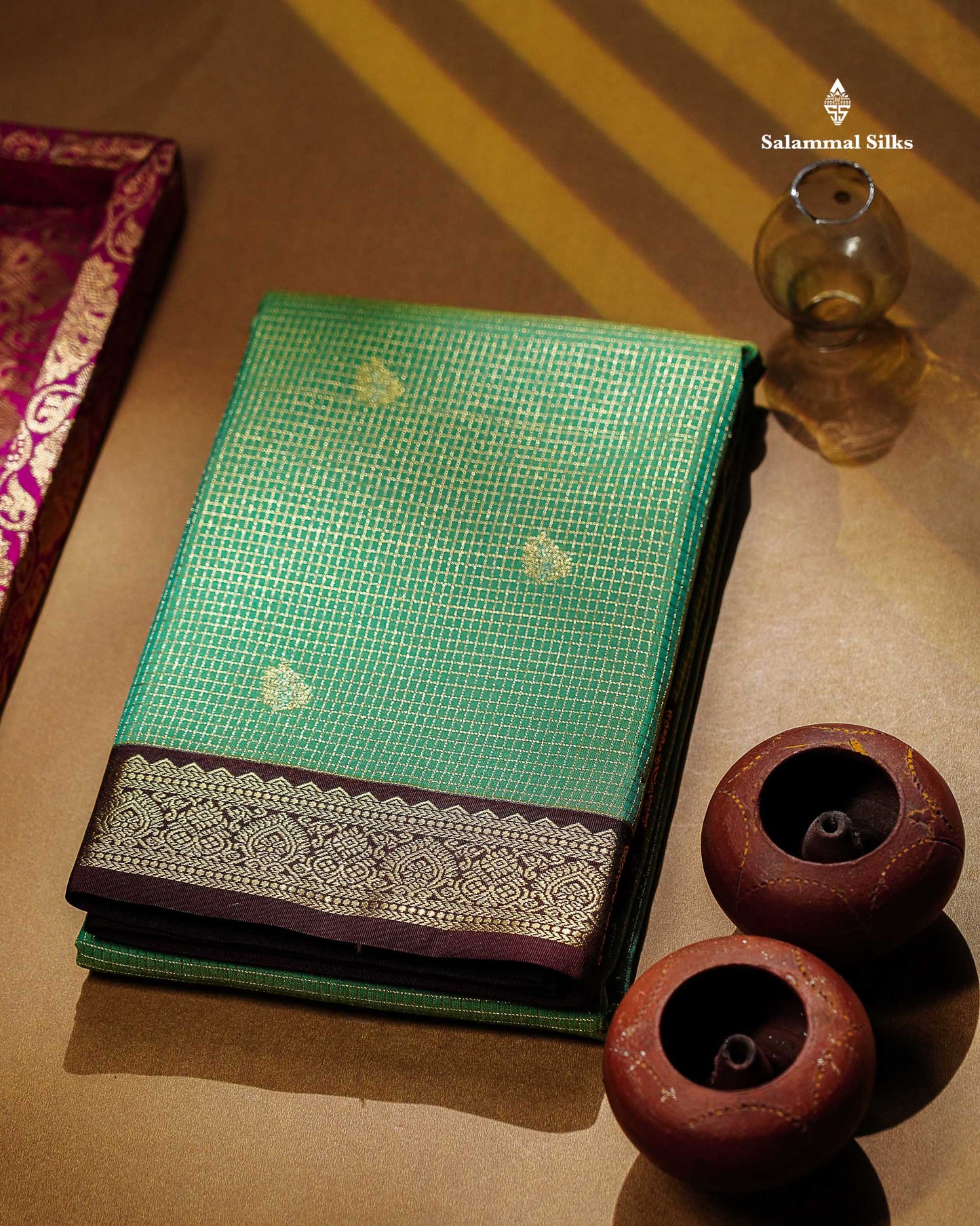 Sapphire Green Tiny Vaira Oosi Checks With Leaf Buttas Semi Silk Saree With Contrast Dark Brown Traditional Small Border