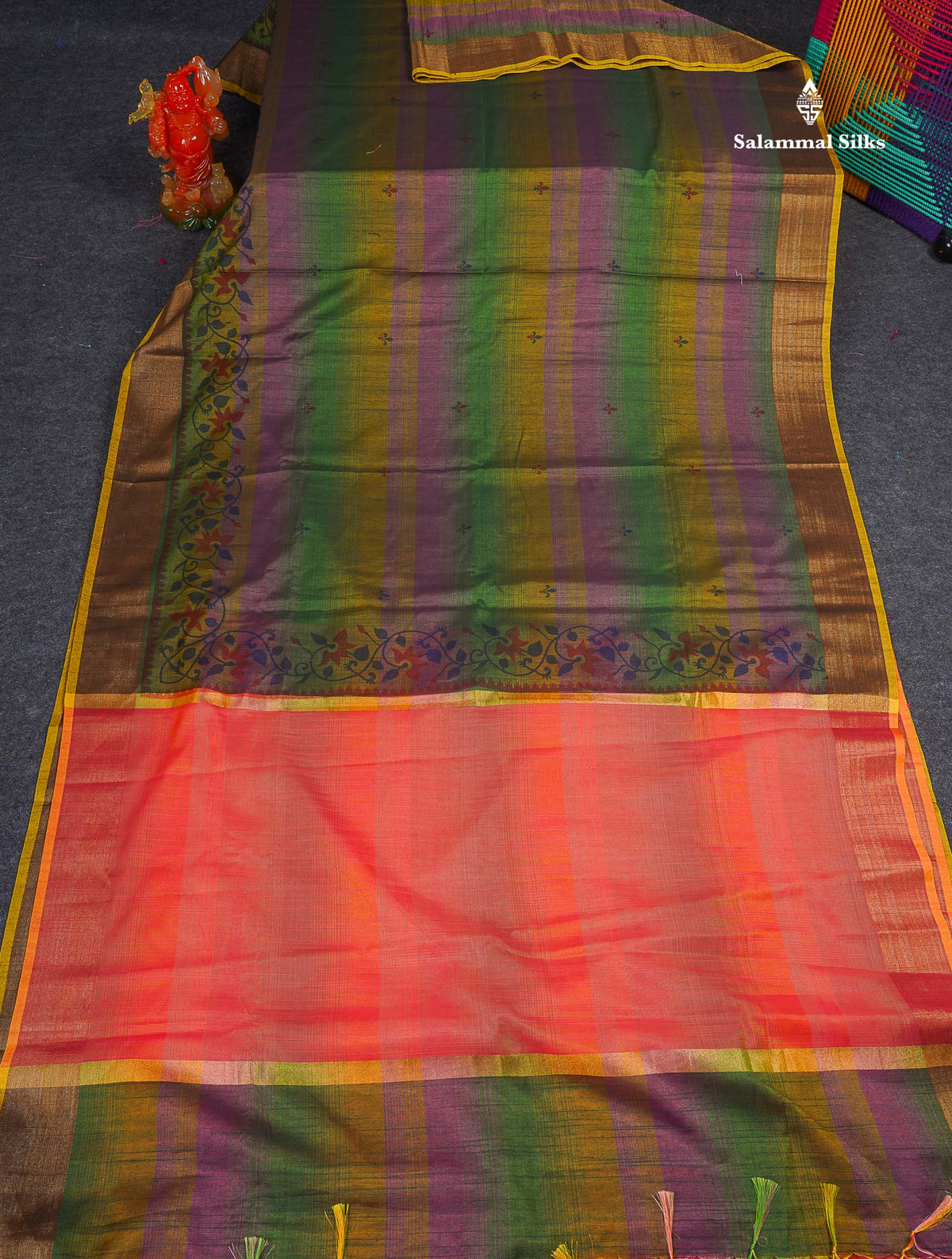 Cotton Mix Saree - Olive Green Colour Body With Fancy Border