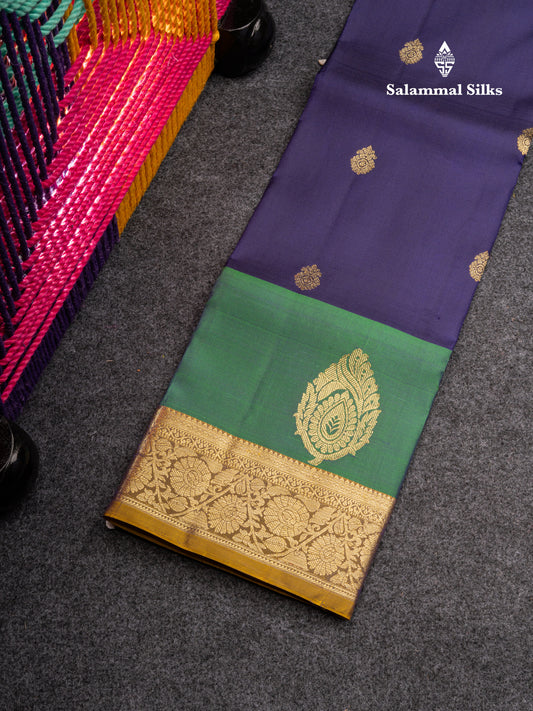 Pure Silk Pattu Pavadai (Navy Blue) With Olive Mustard Yellow Blouse 27"