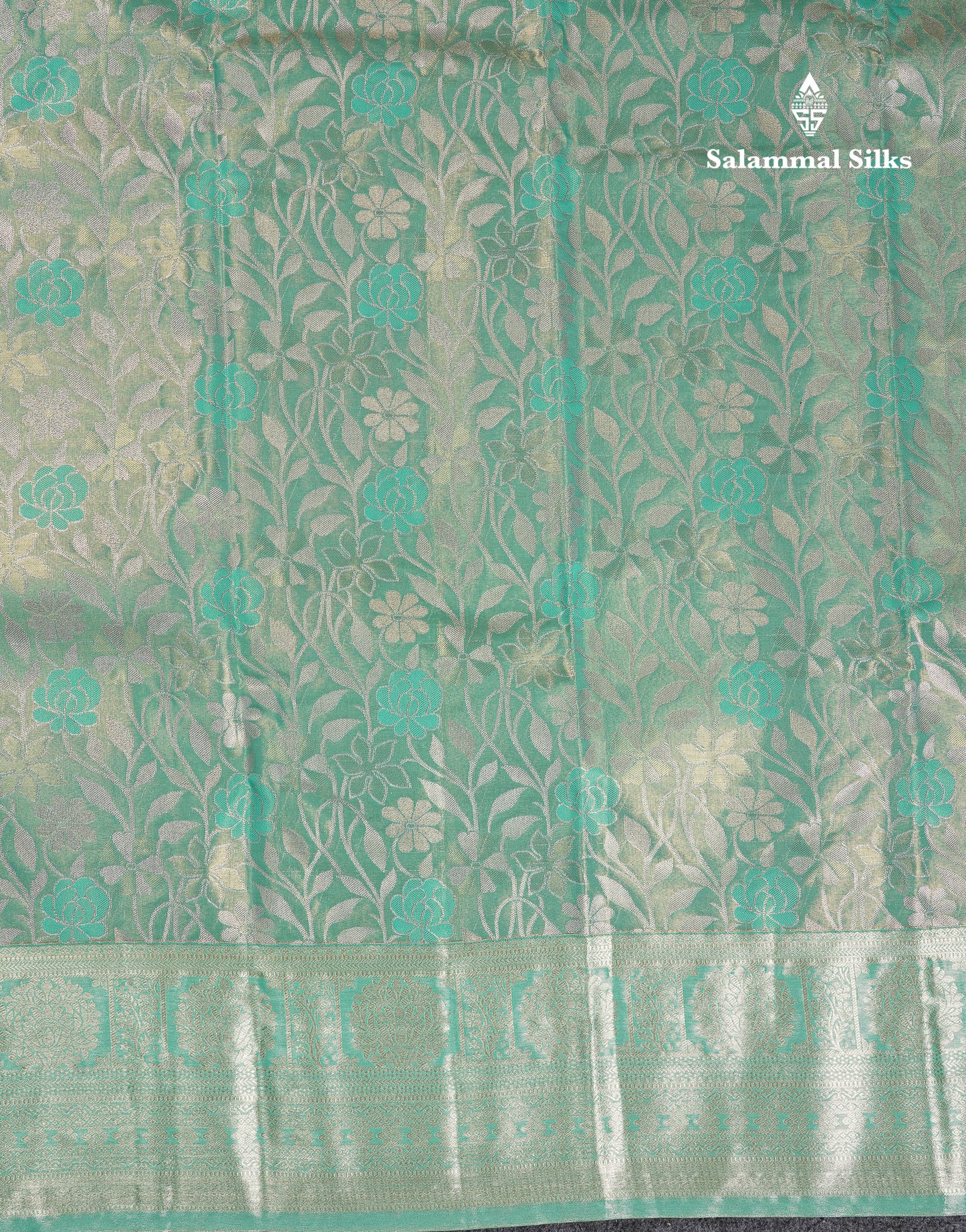 Beautiful Sapphire Green Tissue Semi Silk Saree With Traditional Evening Morning Border