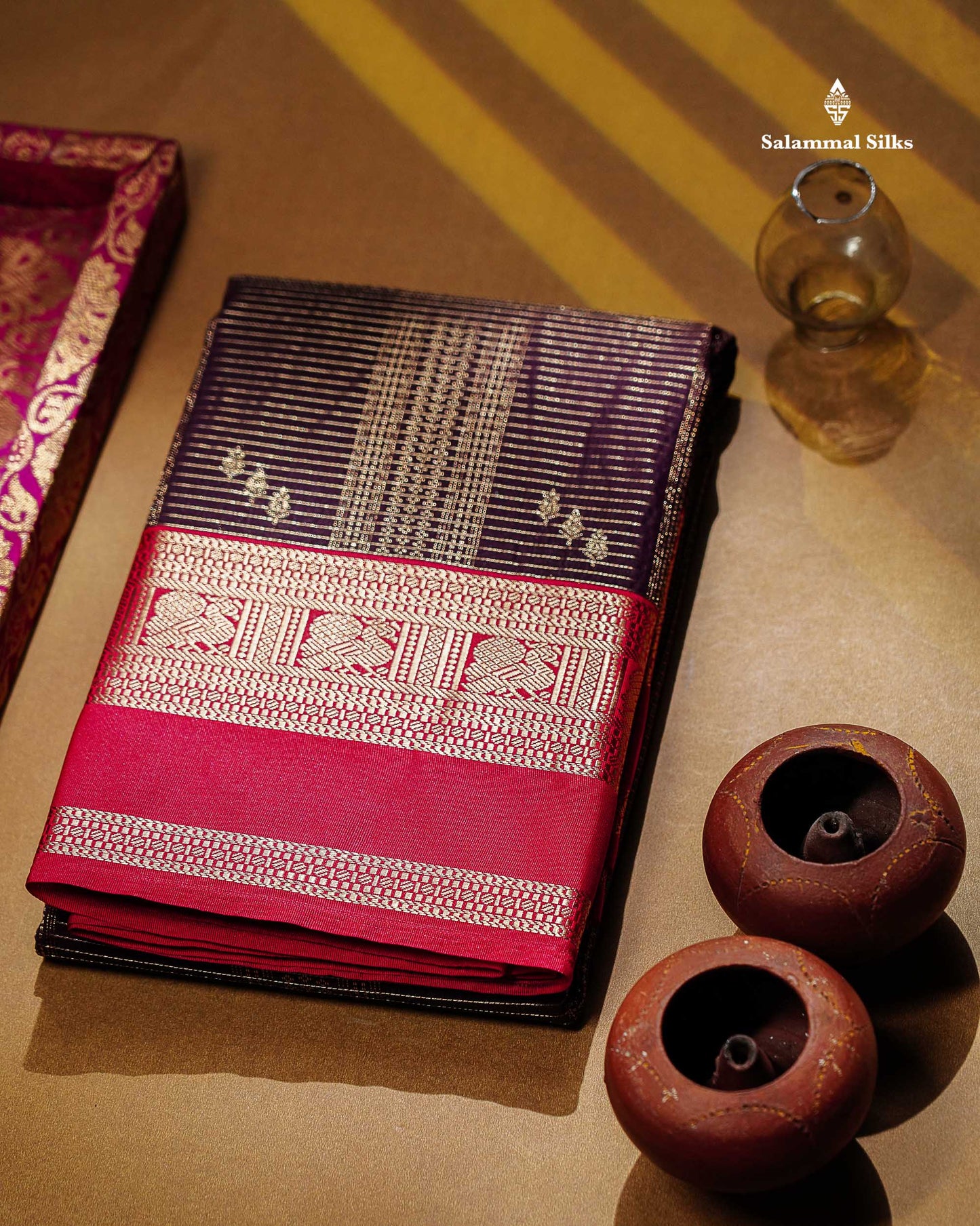 Semi Silk Saree -  Dark Purple Butta With Vaira Oosi Lines Along With Contrast Red Traditional Gap Border