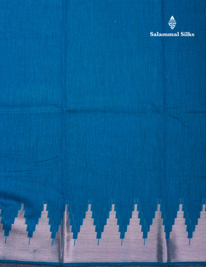 Peacock Blue Beautiful Horizontal Lines Cotton Mix Fancy Saree With Silver Zari Temple Border