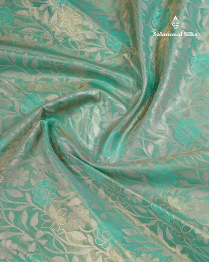 Beautiful Sapphire Green Tissue Semi Silk Saree With Traditional Evening Morning Border