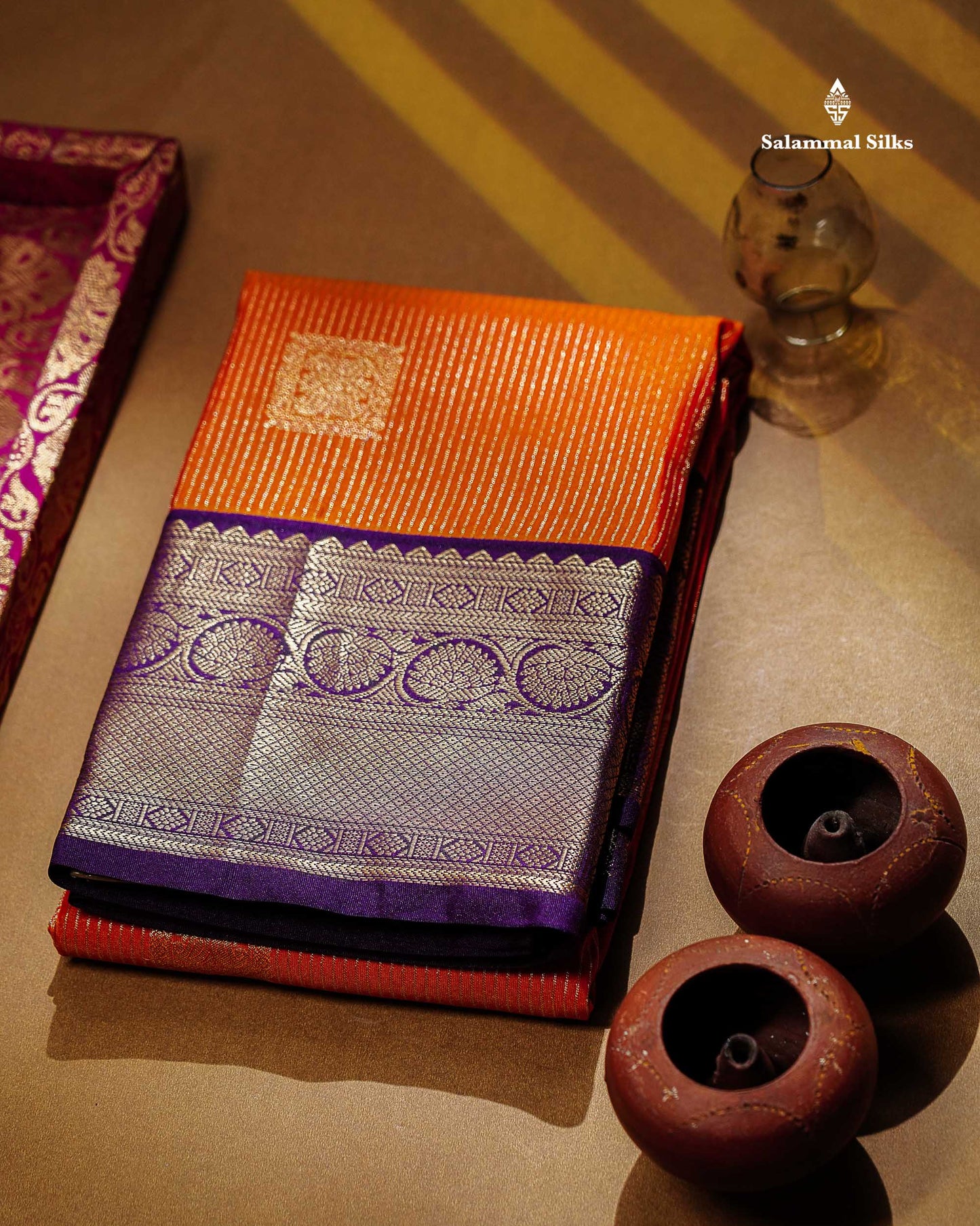 Semi Silk Saree - Orange Butta With Lines Along With Contrast Dark Purple Traditional Border