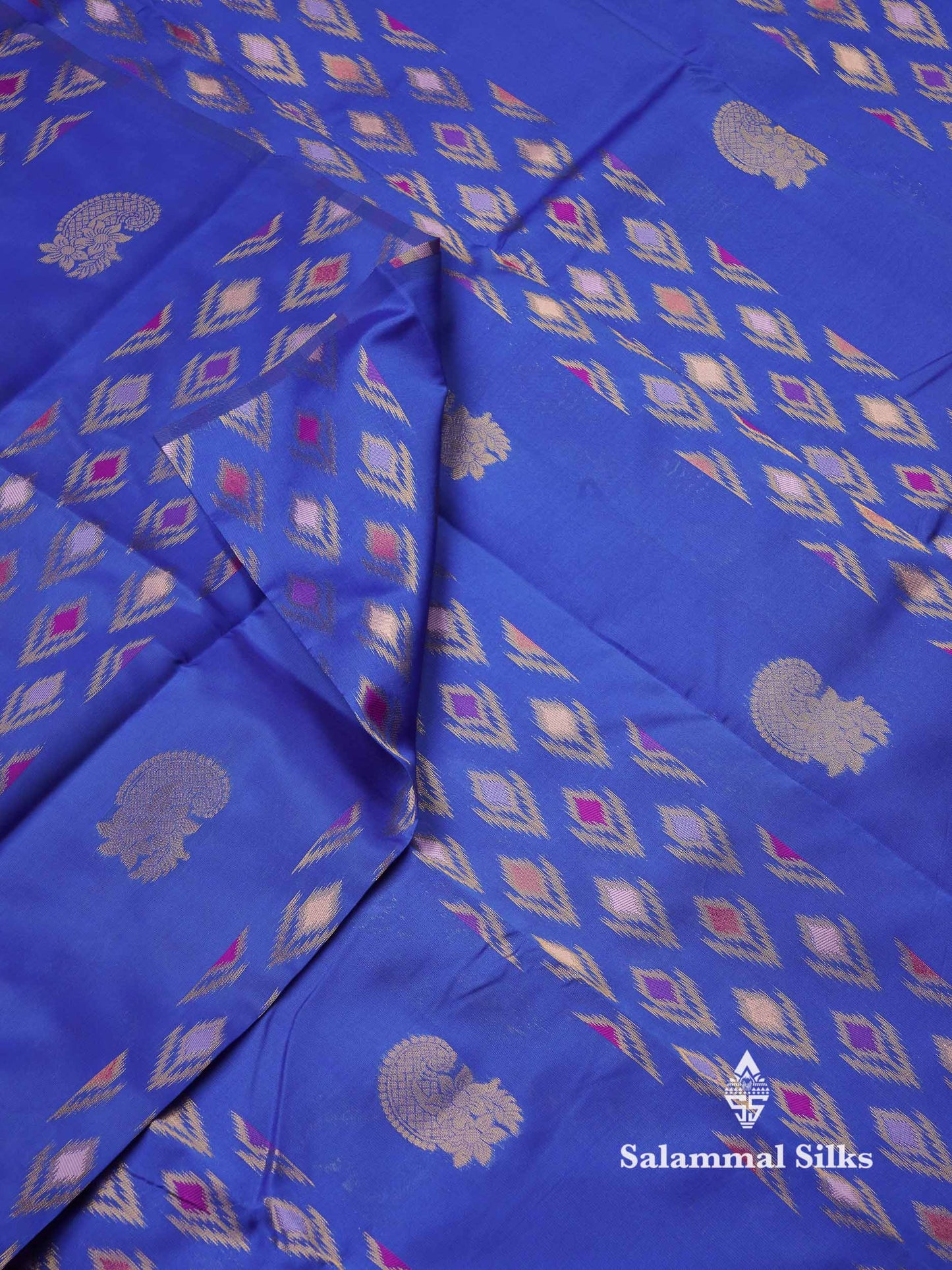 Beautiful Royal Blue Ikkat Semi Silk Fancy Saree With Vadamalli Blouse