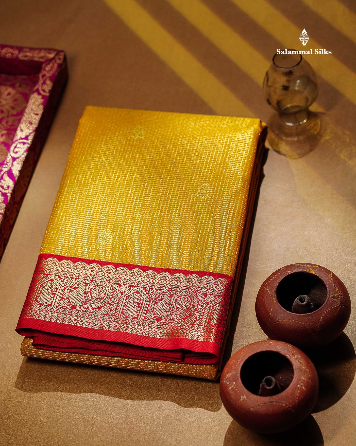 Semi Silk Saree -  Yellow Butta With Tiny Vaira Oosi Checks Along With Contrast Red Traditional Small Border
