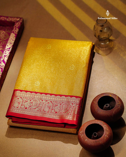 Semi Silk Saree -  Yellow Butta With Tiny Vaira Oosi Checks Along With Contrast Red Traditional Small Border
