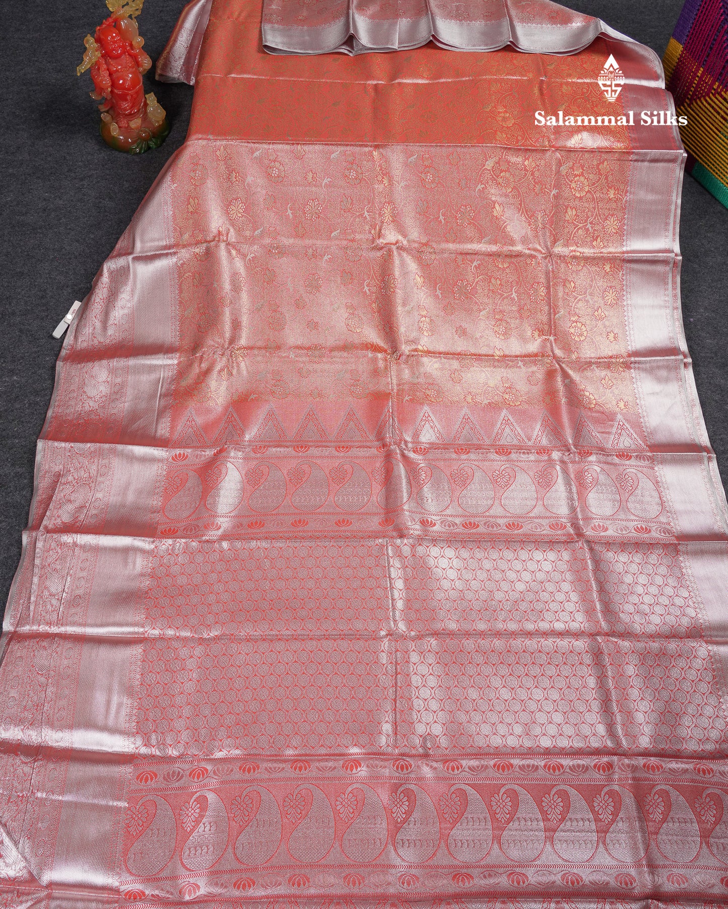 Beautiful Peach Tissue Semi Silk Saree With Traditional Evening Morning Border