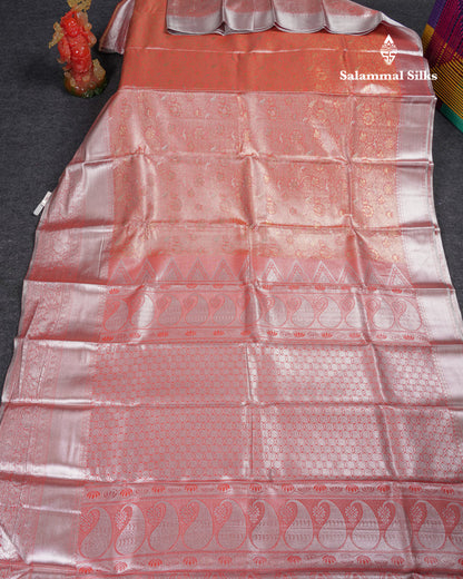 Beautiful Peach Tissue Semi Silk Saree With Traditional Evening Morning Border