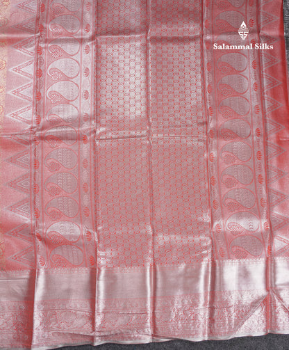Beautiful Peach Tissue Semi Silk Saree With Traditional Evening Morning Border