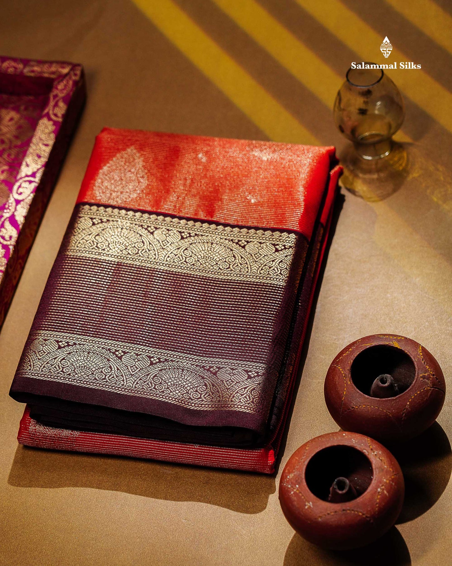 Semi Silk Saree -  Pink Butta With Vaira Oosi Lines Along With Contrast Dark Maroon Traditional Border