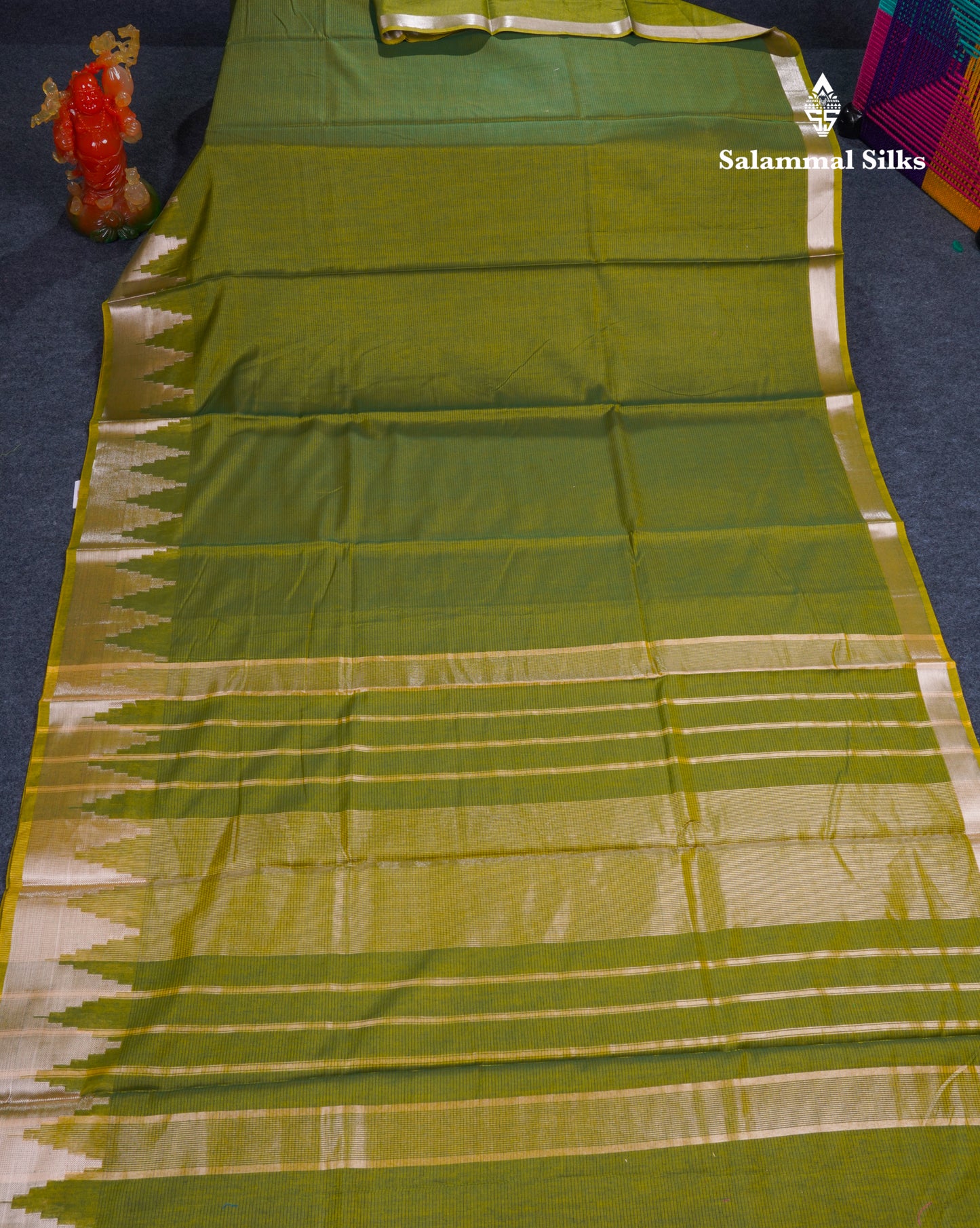 Olive Green Beautiful Horizontal Lines Cotton Mix Fancy Saree With Silver Zari Temple Border