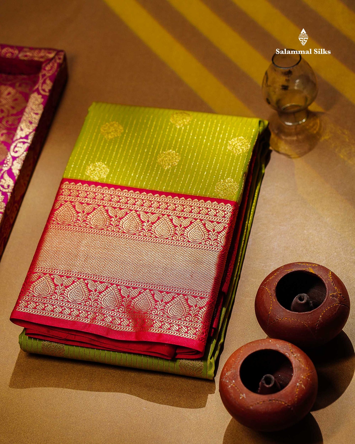 Semi Silk Saree - Green Butta With Straip Lines Along With Contrast Redish pink Traditional Border