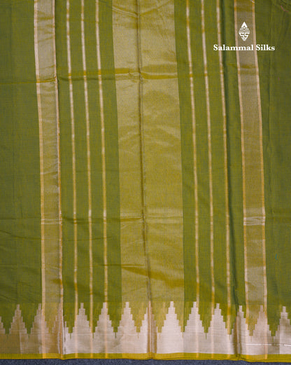 Olive Green Beautiful Horizontal Lines Cotton Mix Fancy Saree With Silver Zari Temple Border