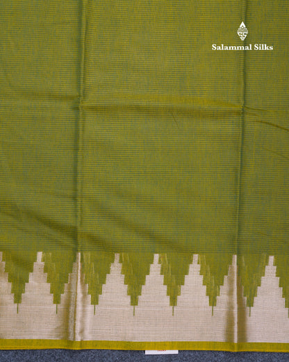 Olive Green Beautiful Horizontal Lines Cotton Mix Fancy Saree With Silver Zari Temple Border