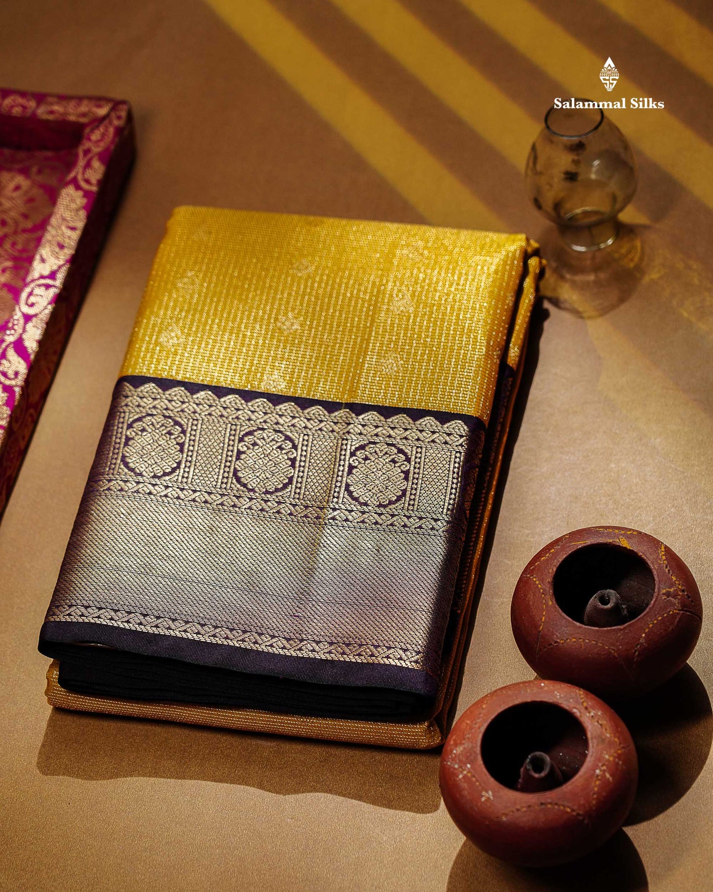 Semi Silk Saree - Orange Butta With Vaira Oosi Tiny Checks Along With Contrast Dark Purple Border