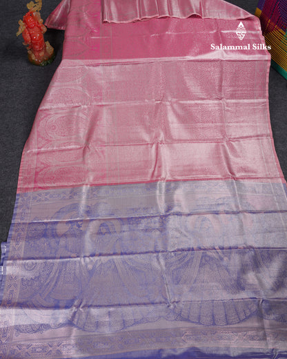 Beautiful Pink Tissue Semi Silk Saree With Contrast Royal Blue Blouse
