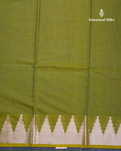 Olive Green Beautiful Horizontal Lines Cotton Mix Fancy Saree With Silver Zari Temple Border
