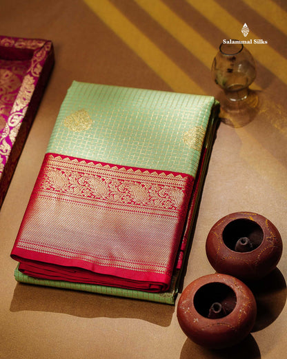 Semi Silk Saree - Light Rexona Green Butta With Small Checks Along With Contrast Pink Traditional Border