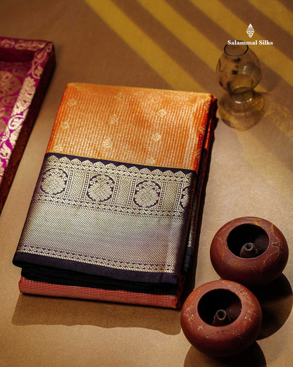 Semi Silk Saree - Orange Butta With Vaira Oosi Tiny Checks Along With Contrast Dark Purple Border