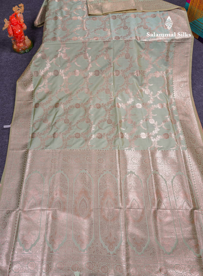 Beautiful Peacock Green Semi Banaras Saree With Fancy Border