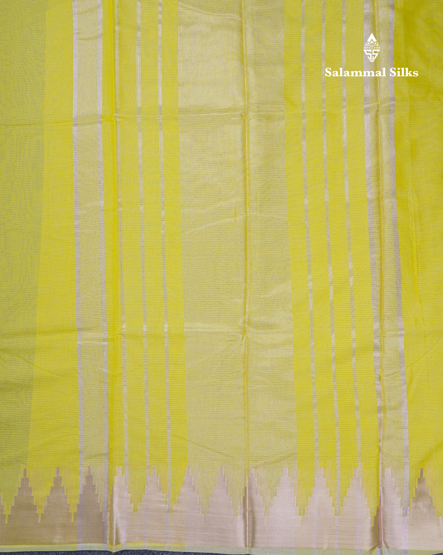 Lemon Yellow Beautiful Horizontal Lines Cotton Mix Fancy Saree With Silver Zari Temple Border