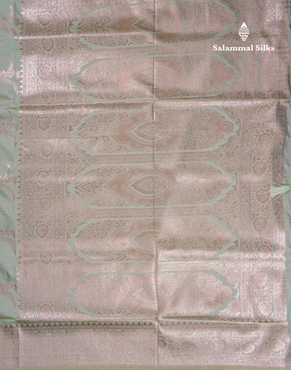 Beautiful Peacock Green Semi Banaras Saree With Fancy Border