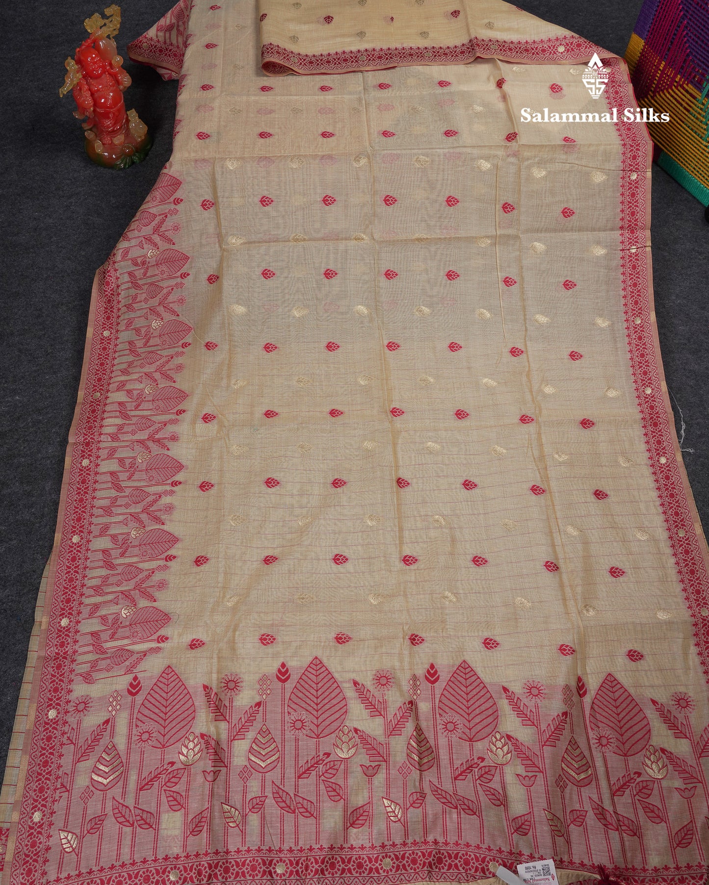 Beautiful Cream Sandal Thread Work Butta Cotton Mix Saree With Contrast Dual Tone Red Border