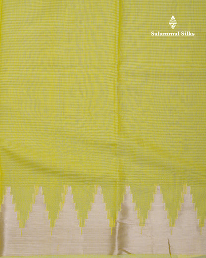 Lemon Yellow Beautiful Horizontal Lines Cotton Mix Fancy Saree With Silver Zari Temple Border