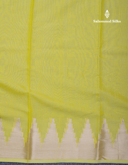 Lemon Yellow Beautiful Horizontal Lines Cotton Mix Fancy Saree With Silver Zari Temple Border