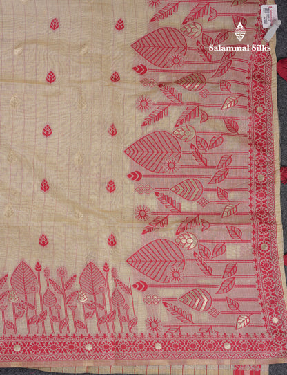 Beautiful Cream Sandal Thread Work Butta Cotton Mix Saree With Contrast Dual Tone Red Border