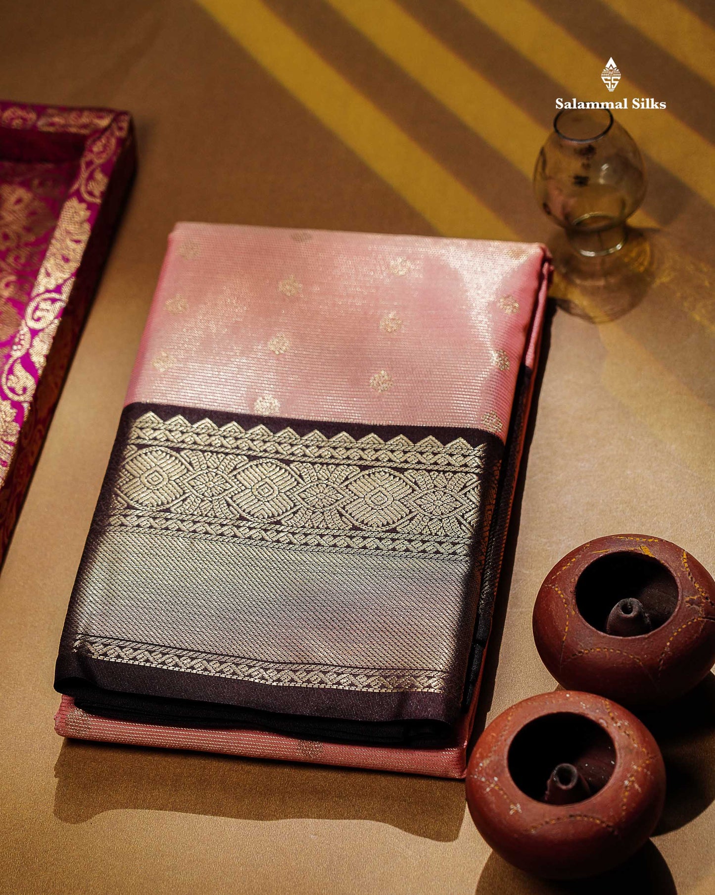Semi Silk Saree - Light Pista Green Mango Butta With Checks Along With Contrast Dark Brown Traditional Gap Border