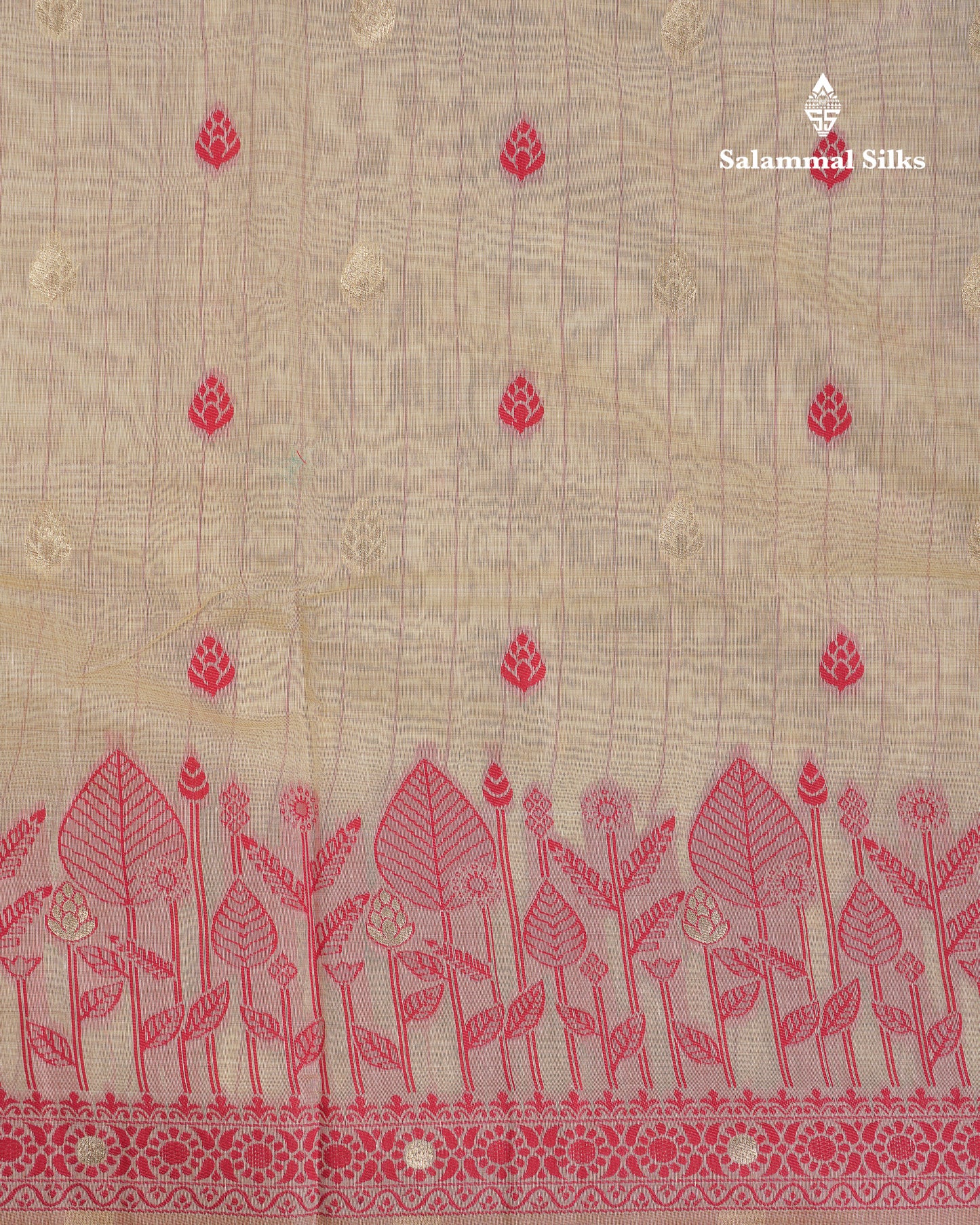 Beautiful Cream Sandal Thread Work Butta Cotton Mix Saree With Contrast Dual Tone Red Border