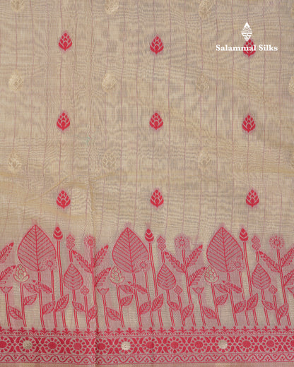 Beautiful Cream Sandal Thread Work Butta Cotton Mix Saree With Contrast Dual Tone Red Border