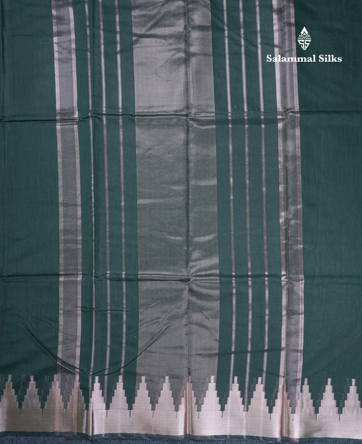 Bottle Green Beautiful Horizontal Lines Cotton Mix Fancy Saree With Silver Zari Temple Border