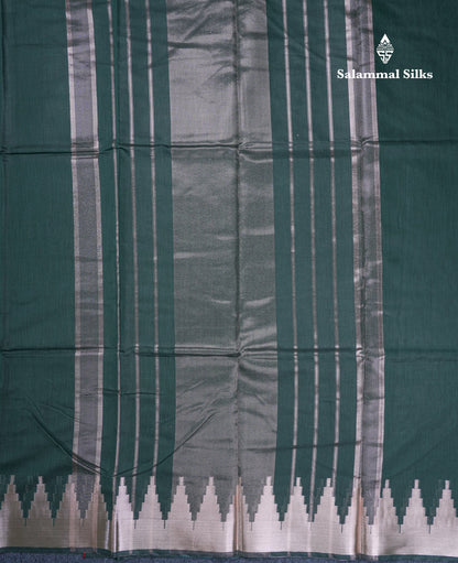 Bottle Green Beautiful Horizontal Lines Cotton Mix Fancy Saree With Silver Zari Temple Border