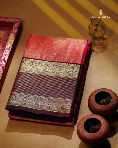 Semi Silk Saree -  Pink Butta With Vaira Oosi Lines Along With Contrast Dark Maroon Traditional Border
